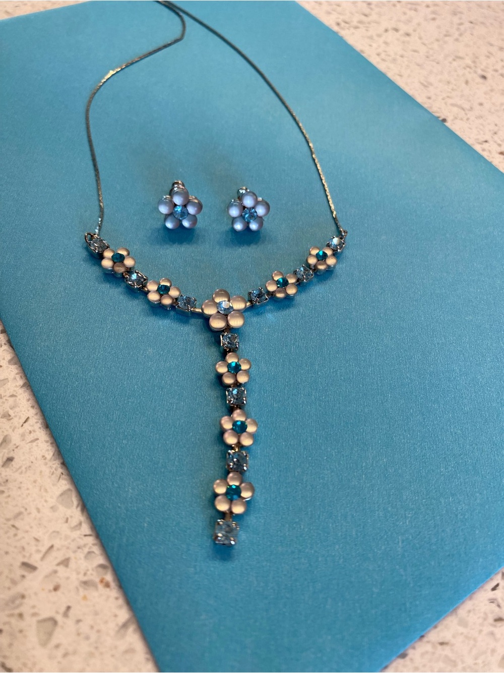 Floral Blue Crystal Y-Drop Necklace and Stud Earrings